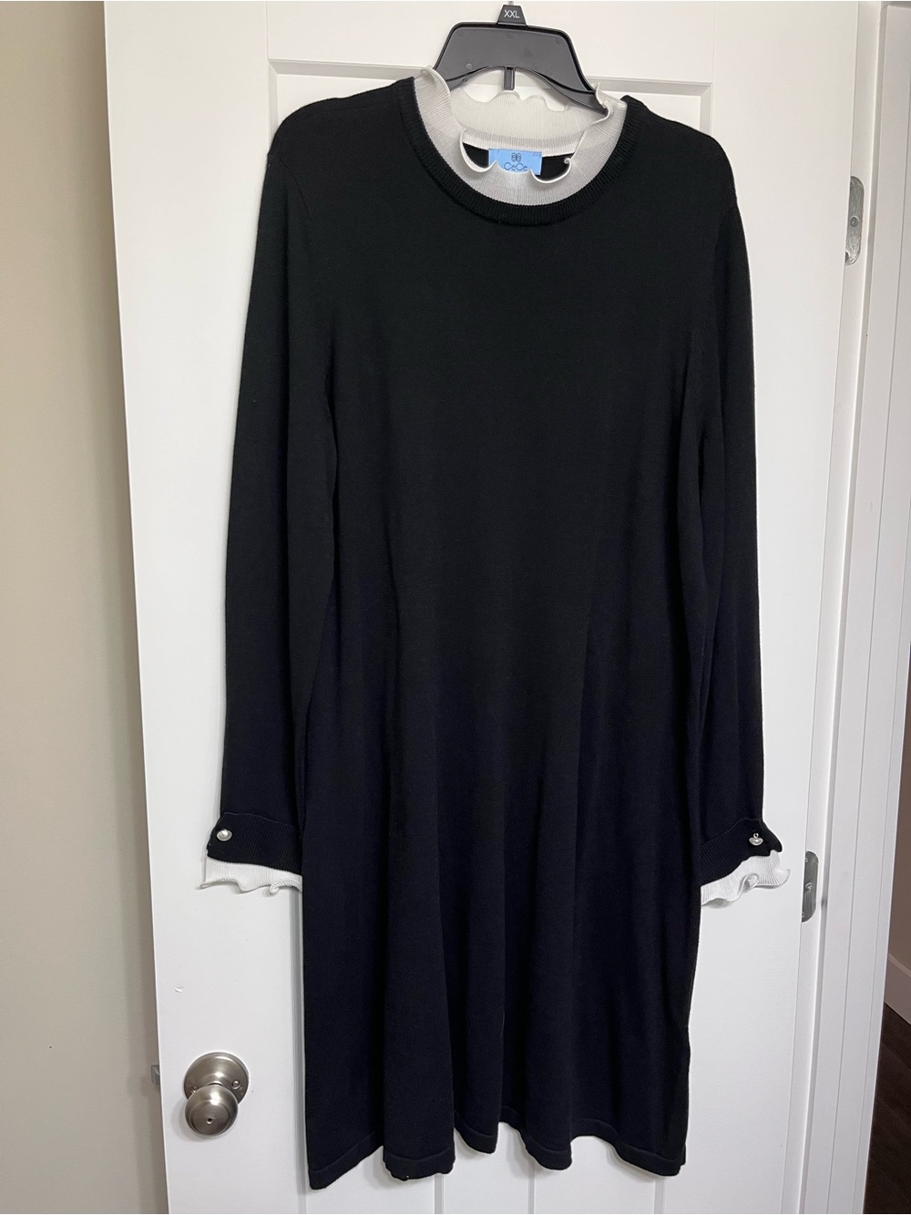 CeCe Long Sleeve Black Knit Dress with Contrast Collar